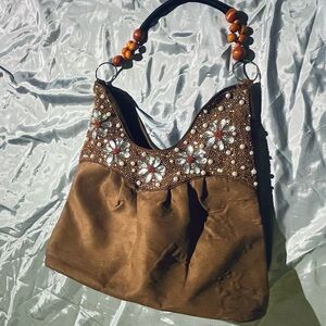 Embellished Beaded Brown Hobo Bag